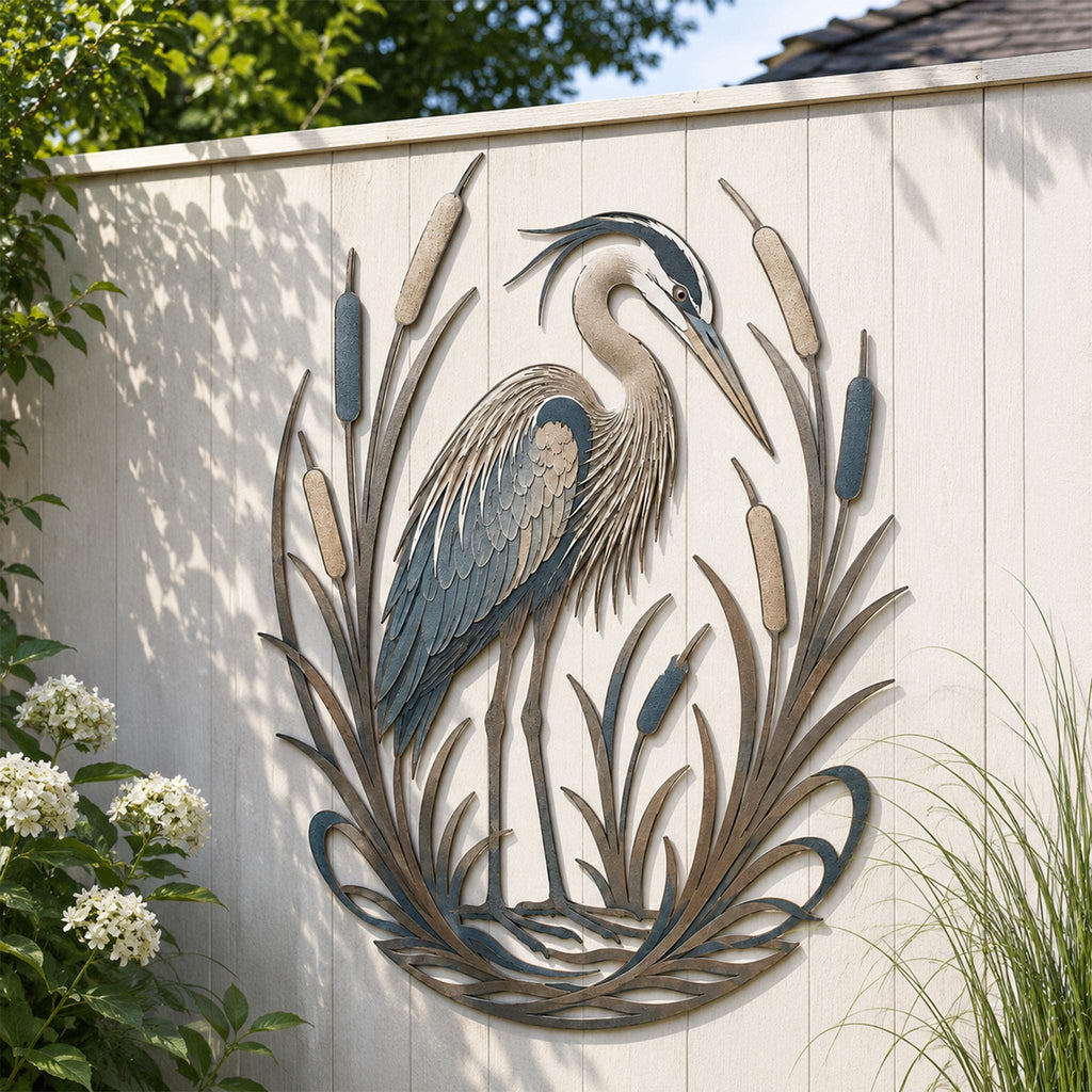 Blue Heron Metal Wall Art, Pond Bird Decor, Cattail Reeds Hanging