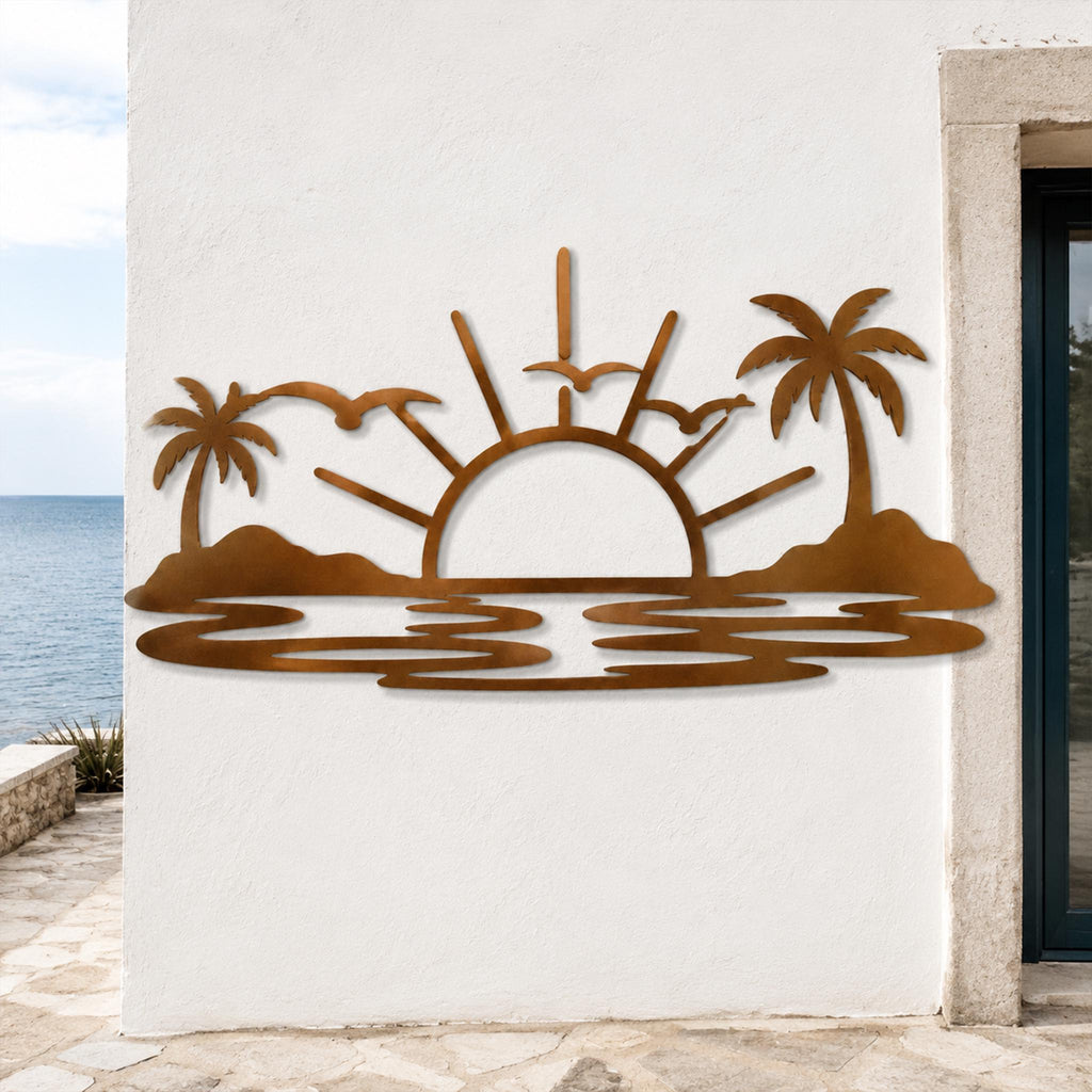 Tropical Sunset Metal Wall Art, Palm Tree Beach Scene, Coastal Decor