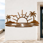 Tropical Sunset Metal Wall Art, Palm Tree Beach Scene, Coastal Decor