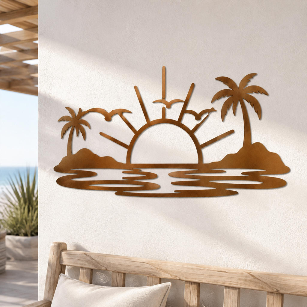 Tropical Sunset Metal Wall Art, Palm Tree Beach Scene, Coastal Decor