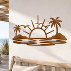 Tropical Sunset Metal Wall Art, Palm Tree Beach Scene, Coastal Decor