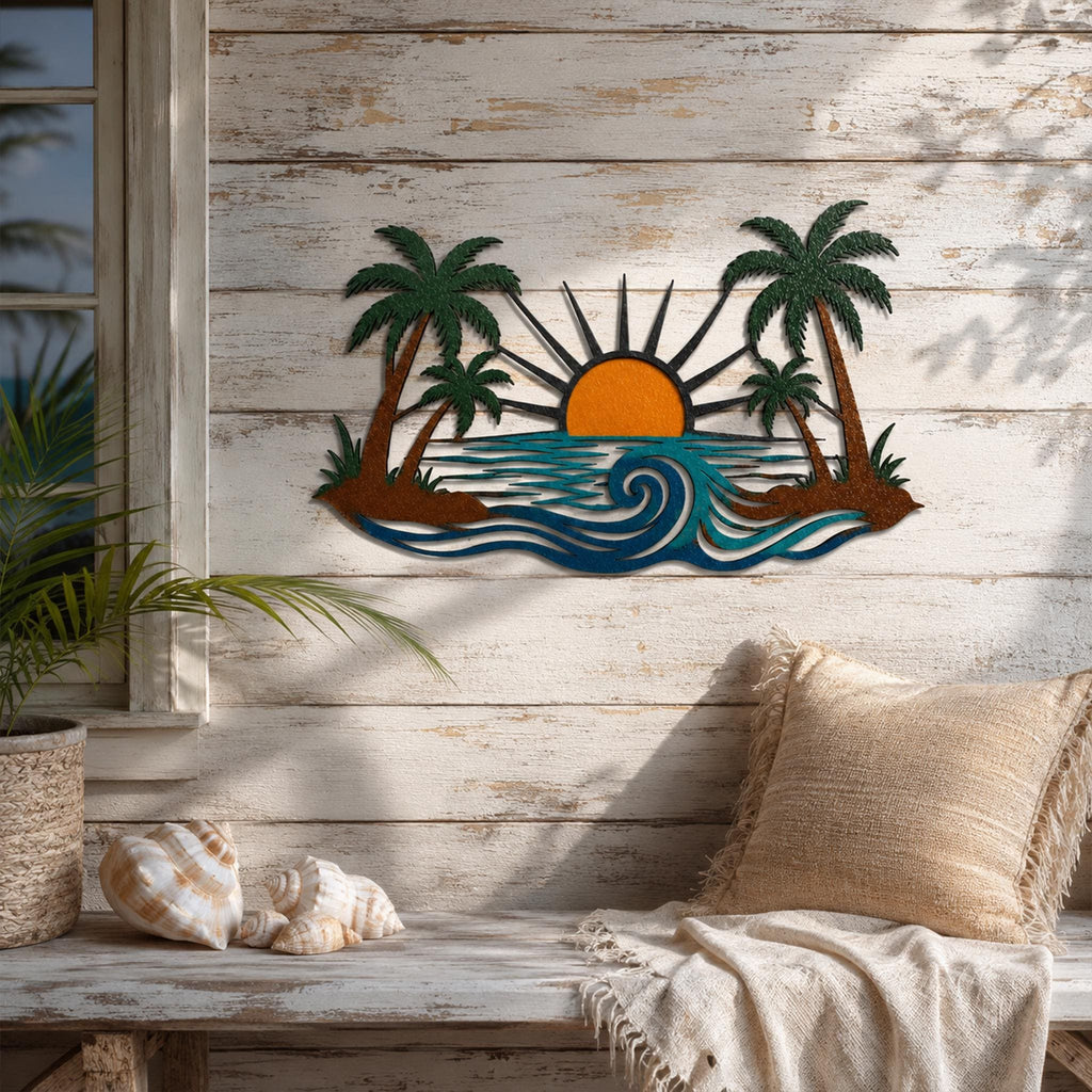 Tropical Sunset Metal Wall Art, Palm Tree Ocean Scene Decor, Coastal Home Sign