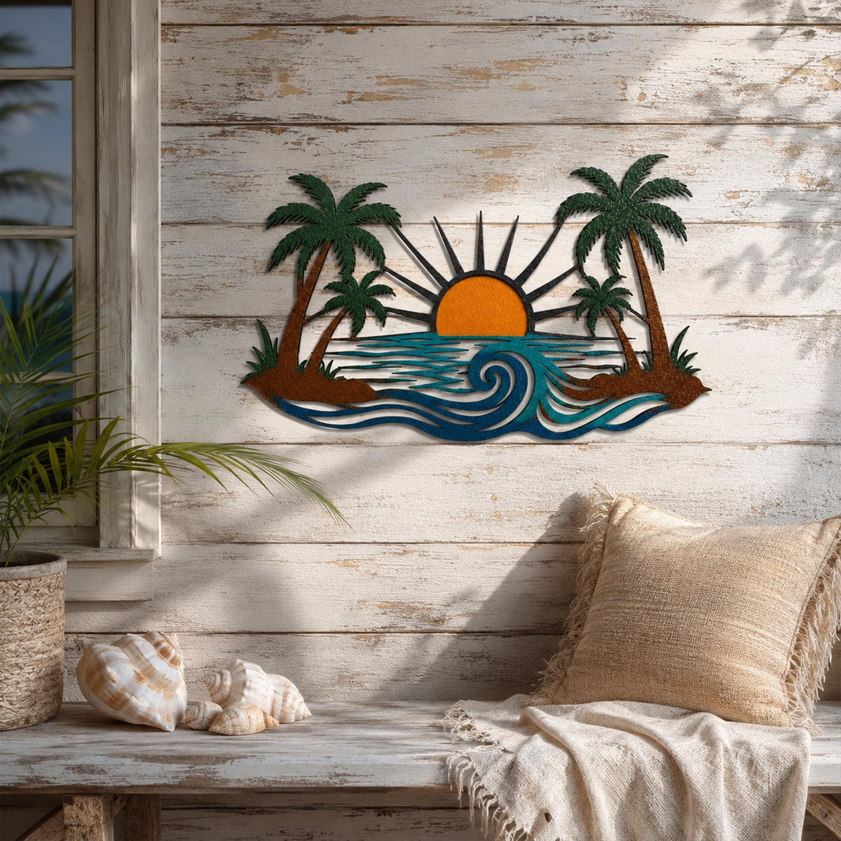 Tropical Sunset Metal Wall Art, Palm Tree Ocean Scene Decor, Coastal Home Sign