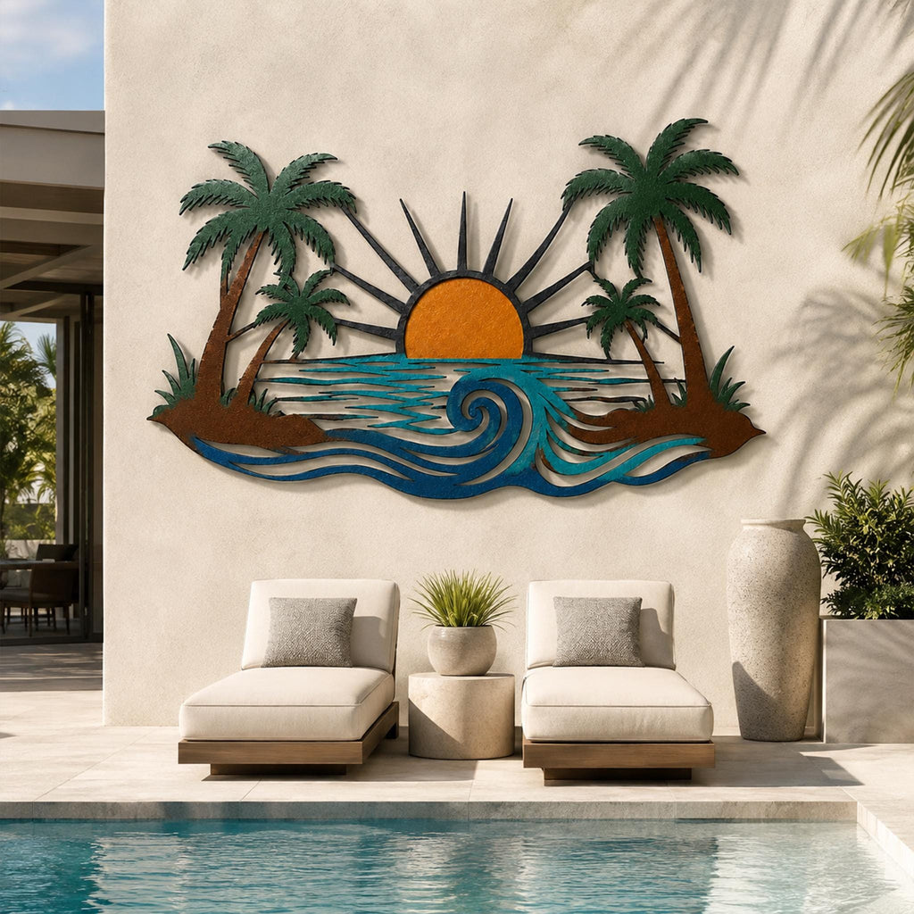 Tropical Sunset Metal Wall Art, Palm Tree Ocean Scene Decor, Coastal Home Sign