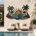 Tropical Sunset Metal Wall Art, Palm Tree Ocean Scene Decor, Coastal Home Sign
