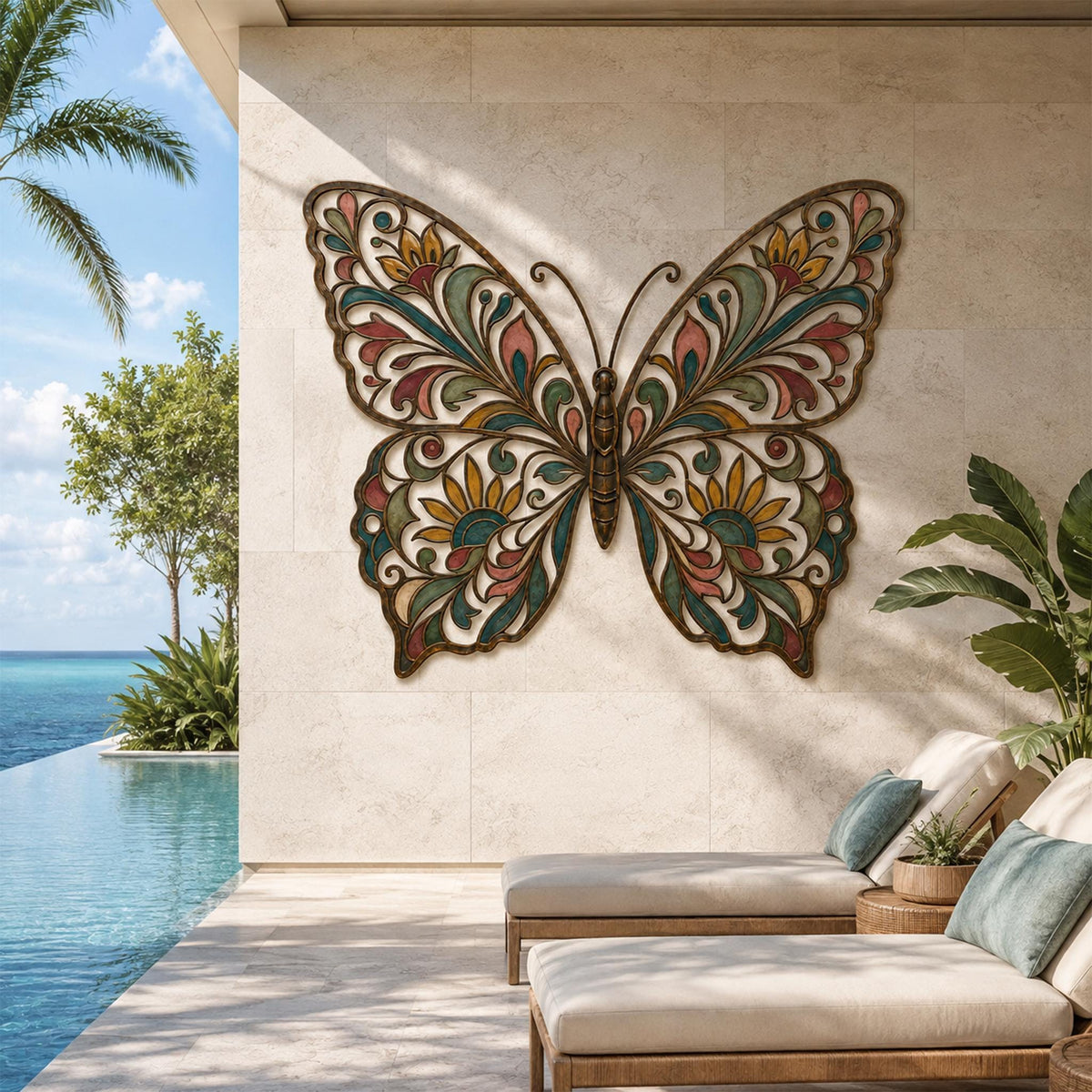 Metal Butterfly Wall Decor, Colorful Stained Glass Art, Outdoor Garden Hanging