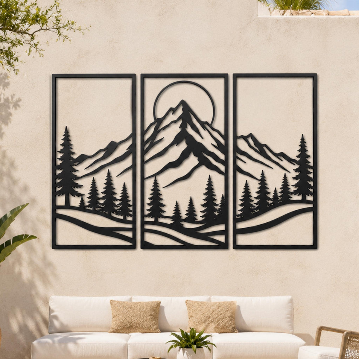 Mountain Range Metal Wall Art, Pine Tree Forest Scene, Sun Moon Metal Sign