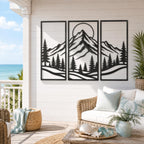 Mountain Range Metal Wall Art, Pine Tree Forest Scene, Sun Moon Metal Sign