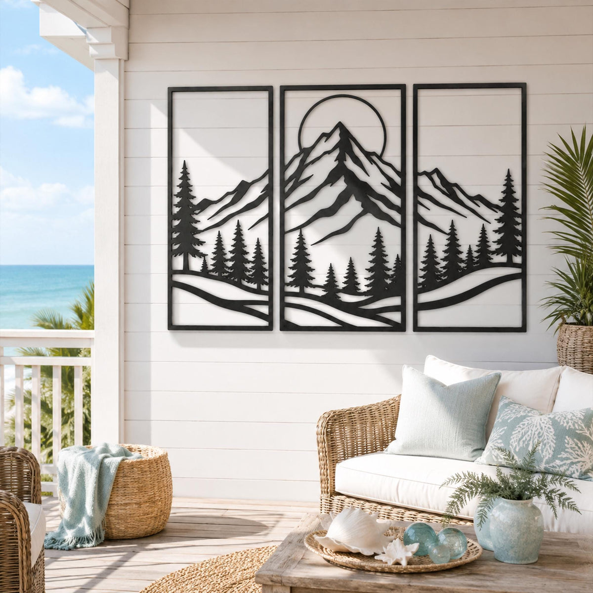 Mountain Range Metal Wall Art, Pine Tree Forest Scene, Sun Moon Metal Sign