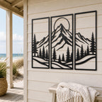 Mountain Range Metal Wall Art, Pine Tree Forest Scene, Sun Moon Metal Sign
