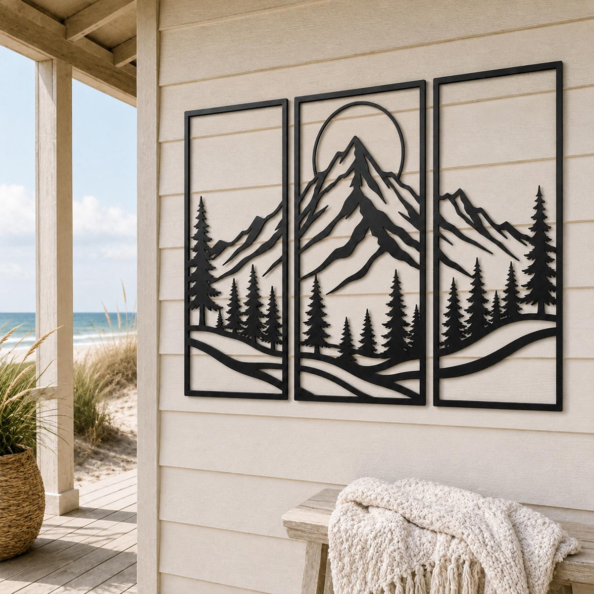 Mountain Range Metal Wall Art, Pine Tree Forest Scene, Sun Moon Metal Sign