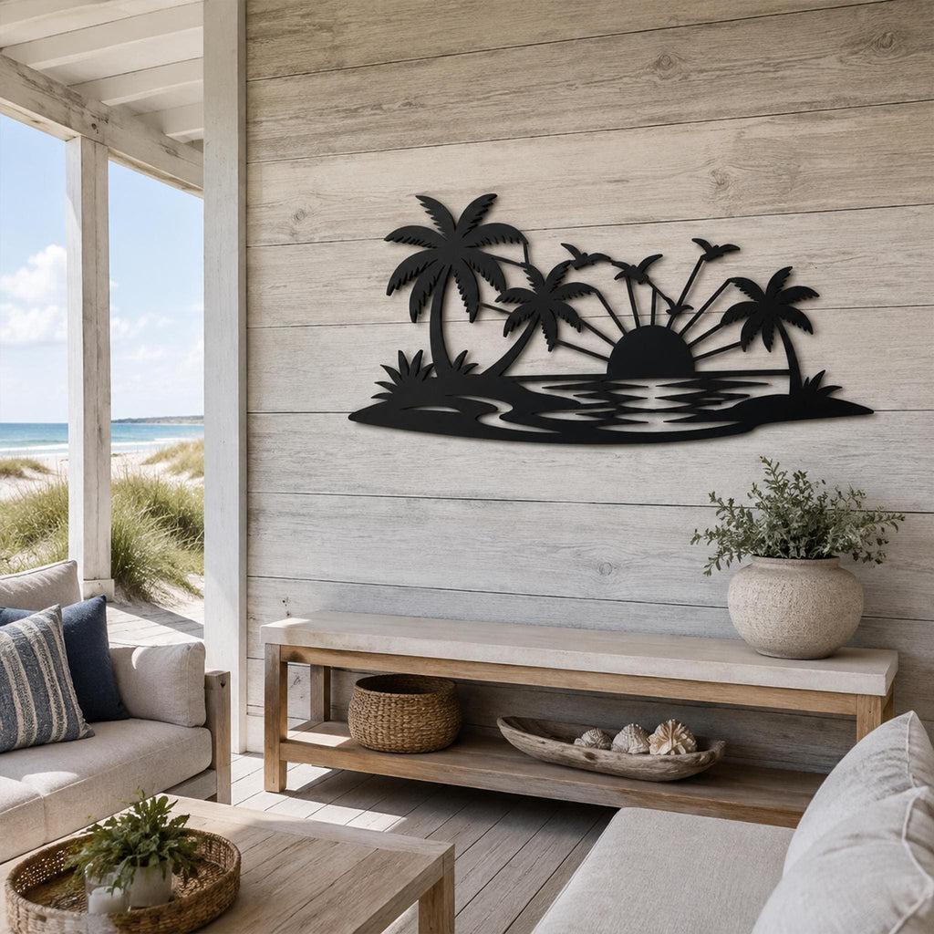 Tropical Sunset Metal Wall Art, Palm Tree Beach Scene, Coastal Decor Sign