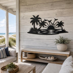 Tropical Sunset Metal Wall Art, Palm Tree Beach Scene, Coastal Decor Sign