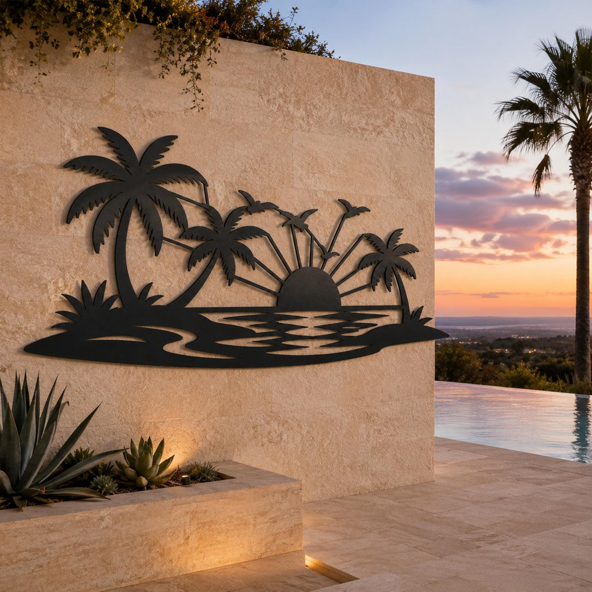 Tropical Sunset Metal Wall Art, Palm Tree Beach Scene, Coastal Decor Sign