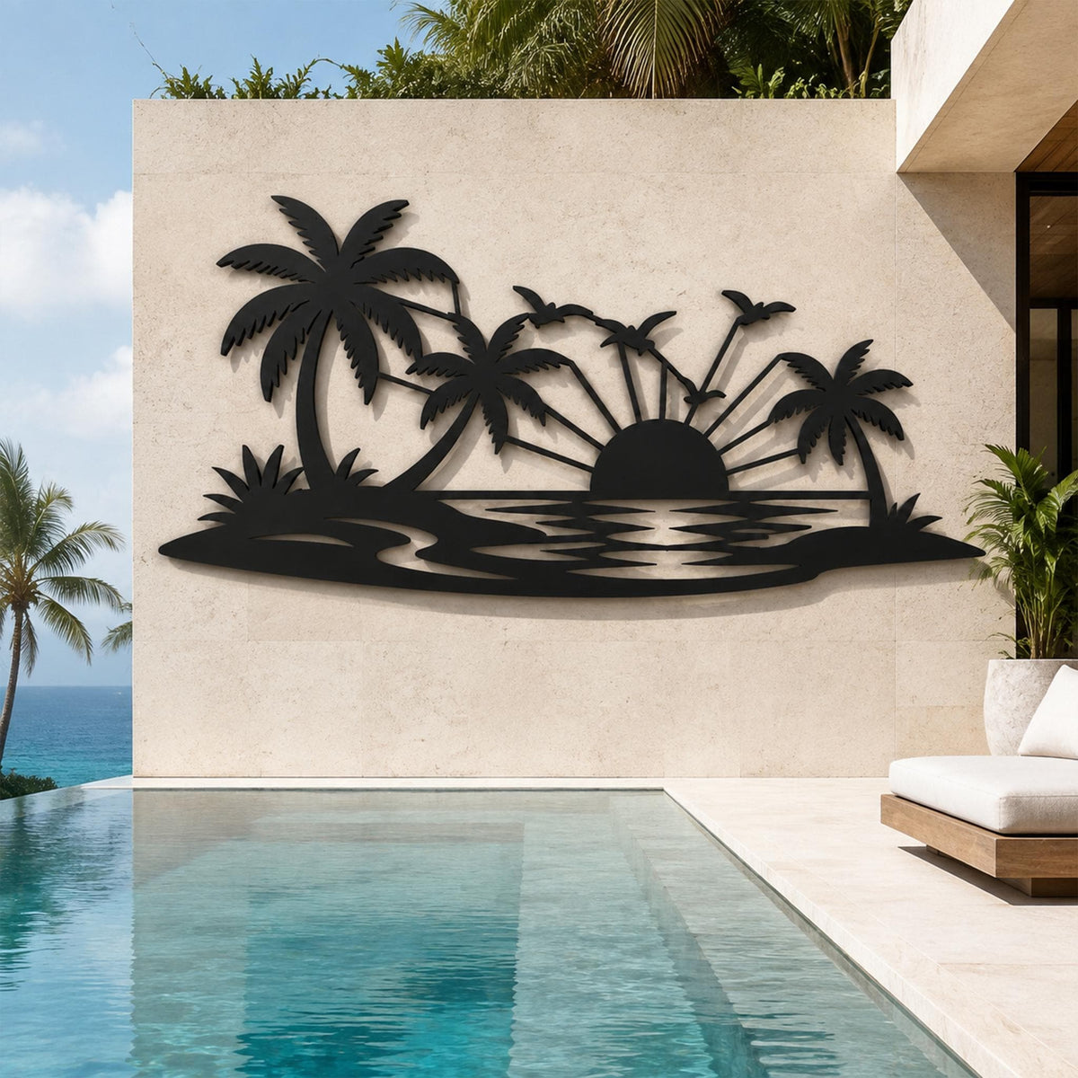 Tropical Sunset Metal Wall Art, Palm Tree Beach Scene, Coastal Decor Sign