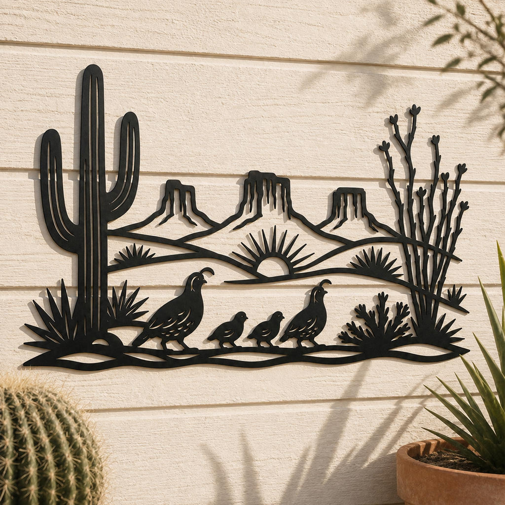 Desert Metal Sign, Saguaro Cactus Wall Art, Quail Family Metal Decor, Southwest Landscape Gift