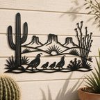 Desert Metal Sign, Saguaro Cactus Wall Art, Quail Family Metal Decor, Southwest Landscape Gift