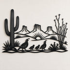 Desert Metal Sign, Saguaro Cactus Wall Art, Quail Family Metal Decor, Southwest Landscape Gift