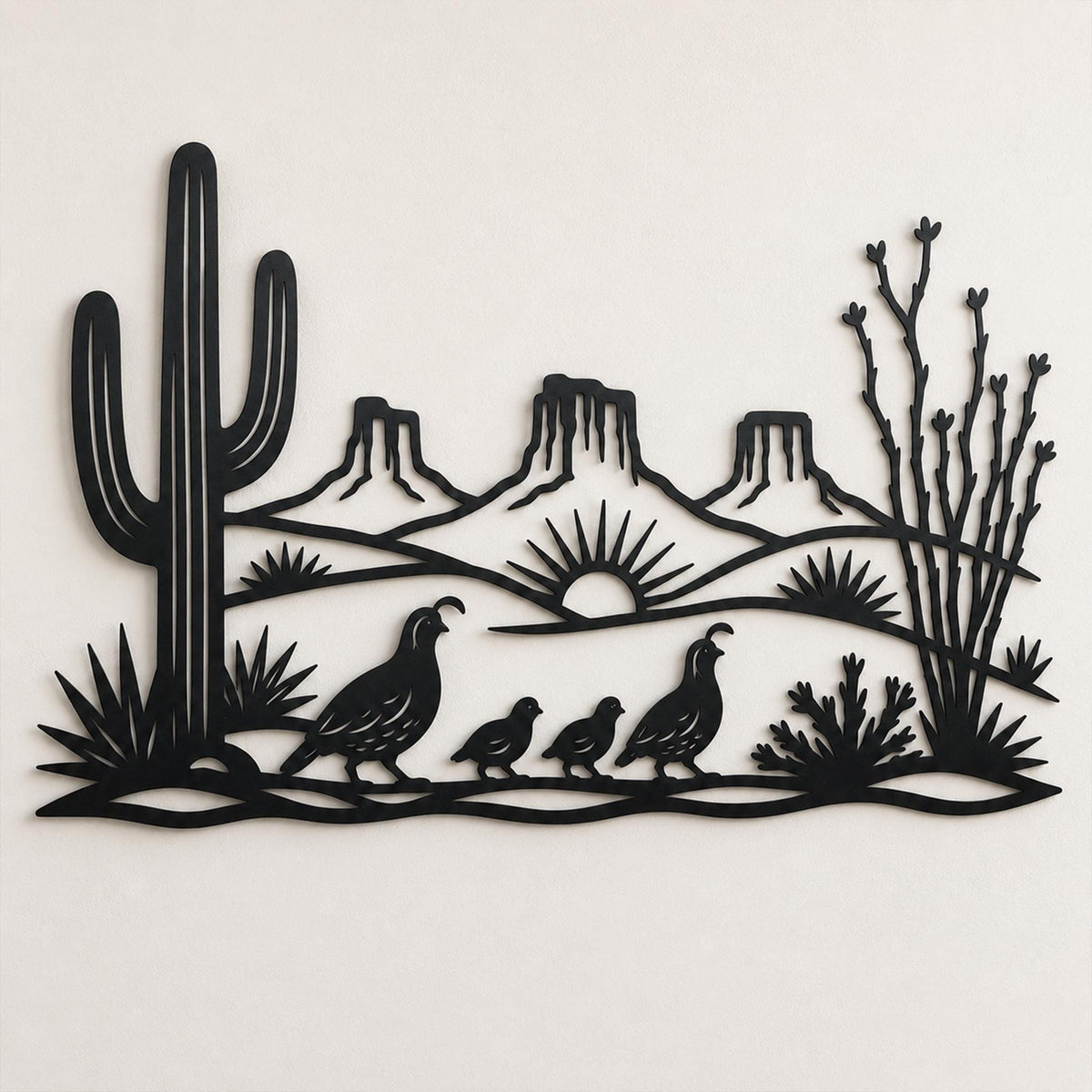 Desert Metal Sign, Saguaro Cactus Wall Art, Quail Family Metal Decor, Southwest Landscape Gift