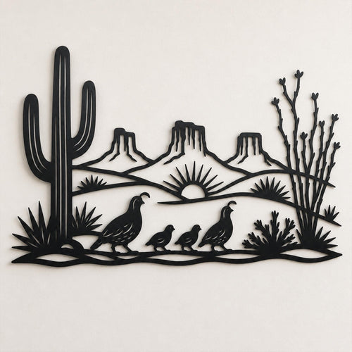 Desert Metal Sign, Saguaro Cactus Wall Art, Quail Family Metal Decor, Southwest Landscape Gift