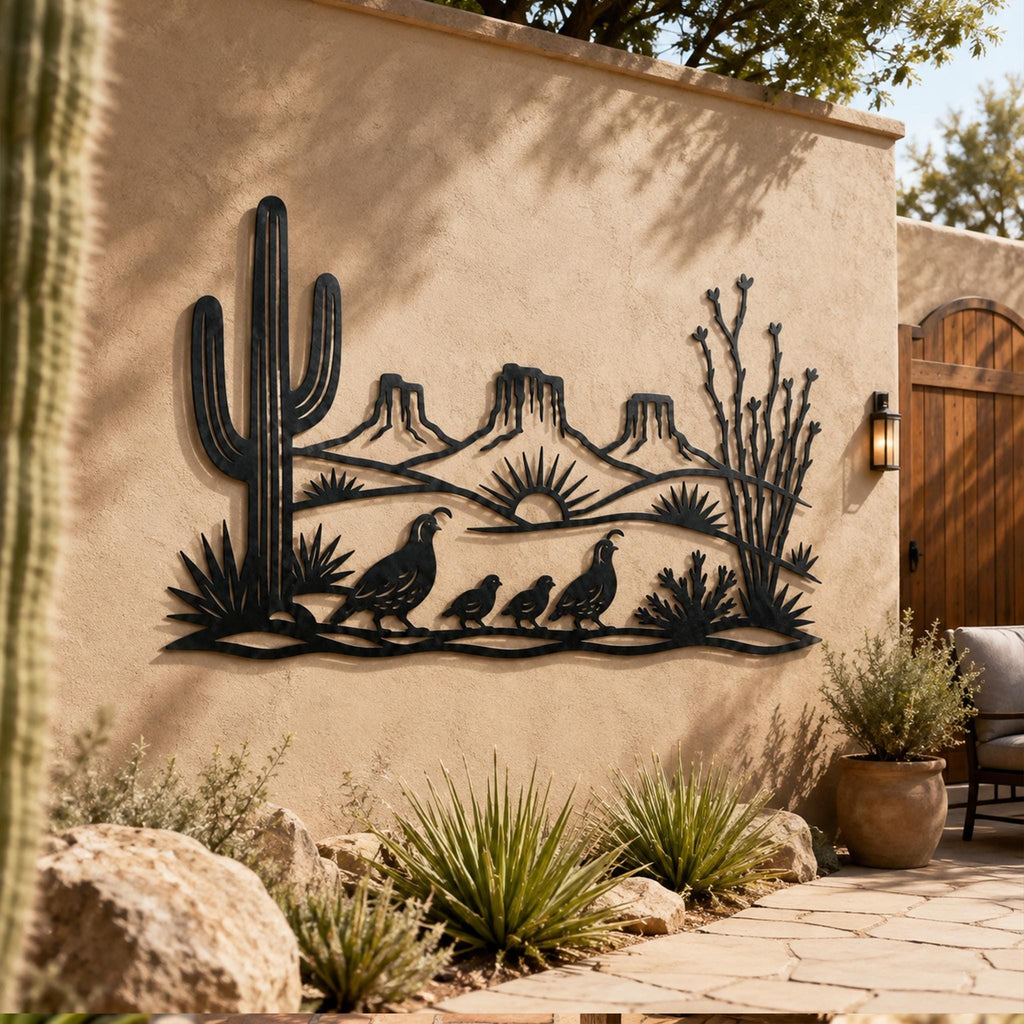 Desert Metal Sign, Saguaro Cactus Wall Art, Quail Family Metal Decor, Southwest Landscape Gift