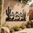 Desert Metal Sign, Saguaro Cactus Wall Art, Quail Family Metal Decor, Southwest Landscape Gift