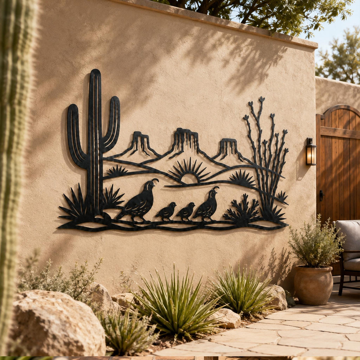 Desert Metal Sign, Saguaro Cactus Wall Art, Quail Family Metal Decor, Southwest Landscape Gift