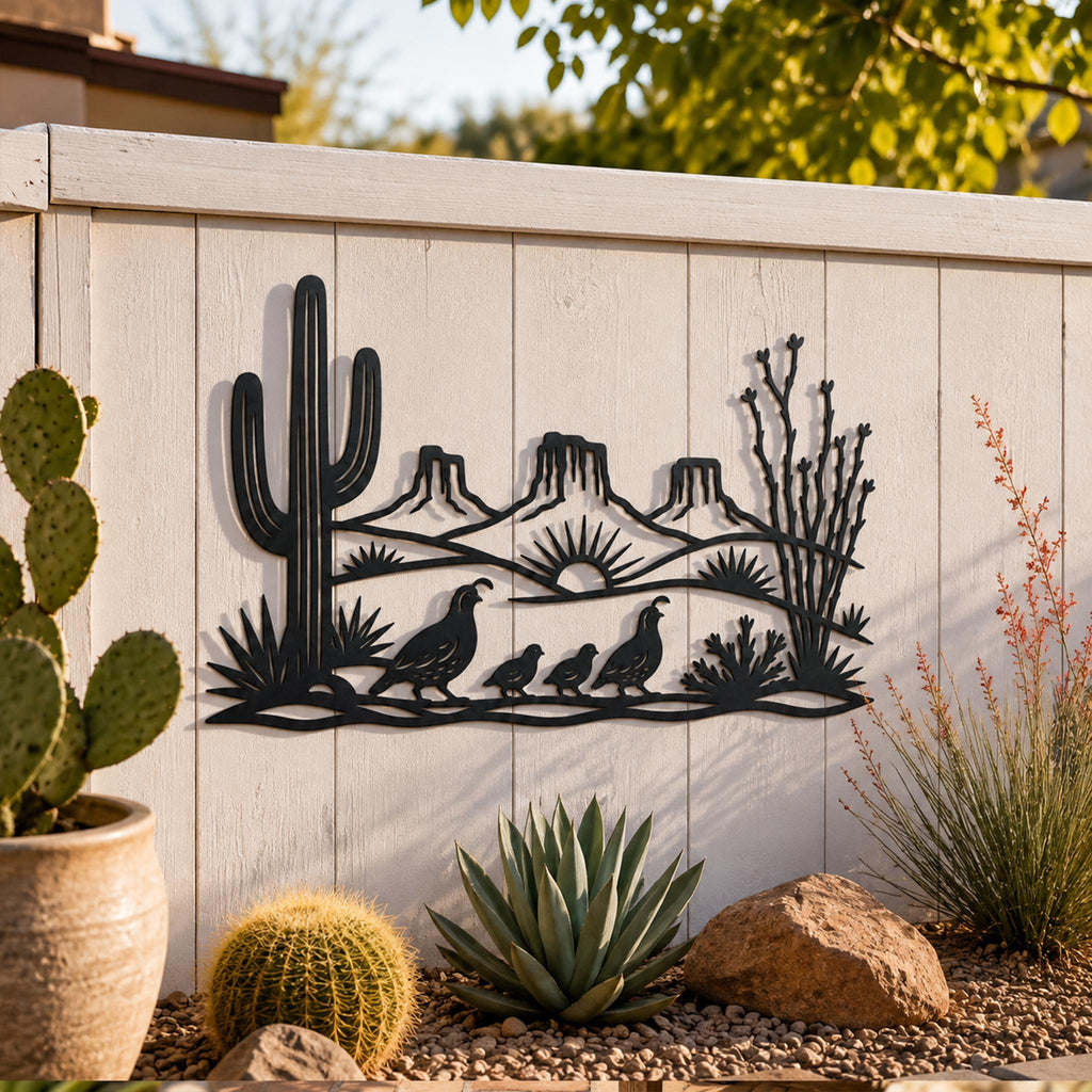 Desert Metal Sign, Saguaro Cactus Wall Art, Quail Family Metal Decor, Southwest Landscape Gift