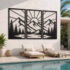 Geometric Mountain Landscape Metal Wall Art, Three Panel Sun Decor