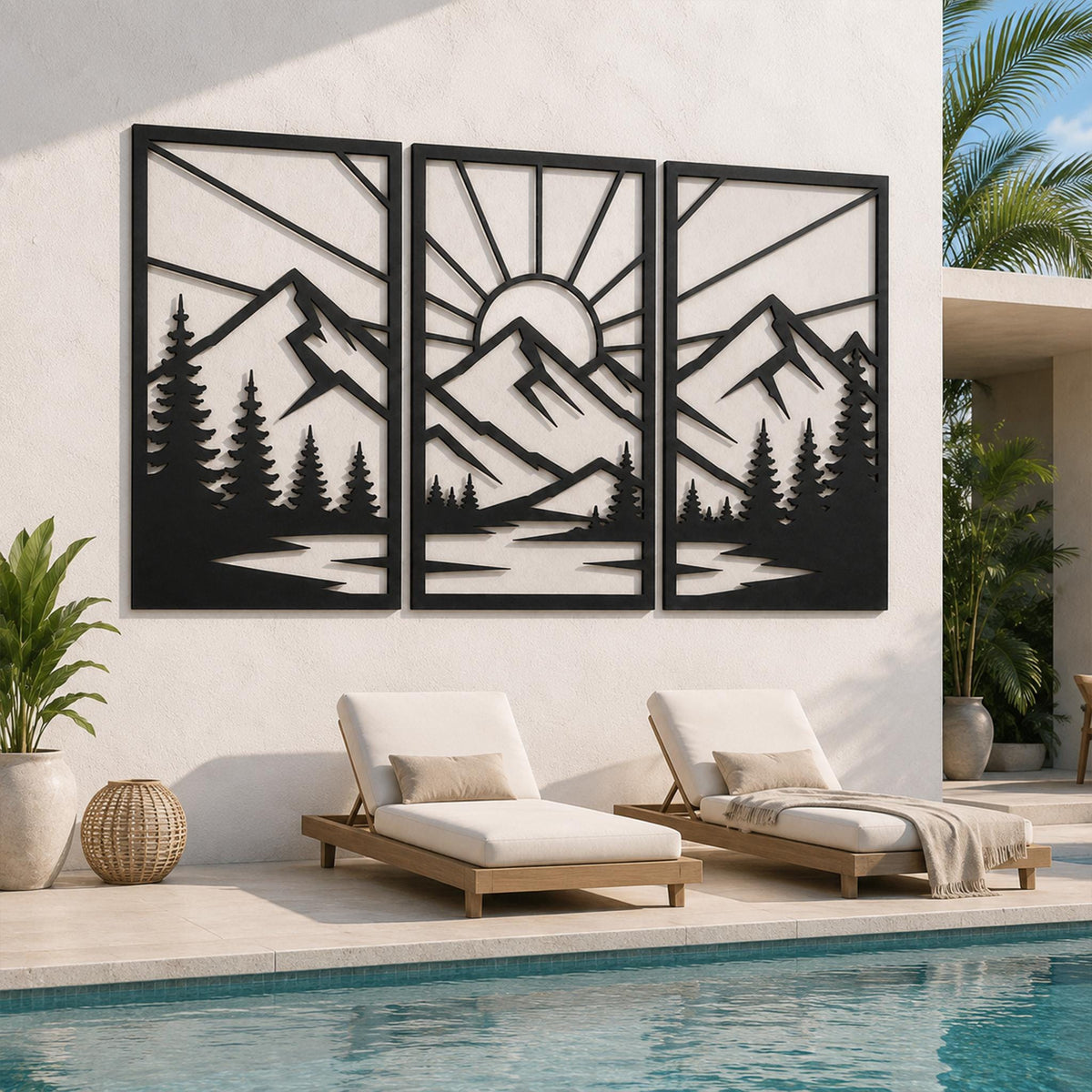 Geometric Mountain Landscape Metal Wall Art, Three Panel Sun Decor