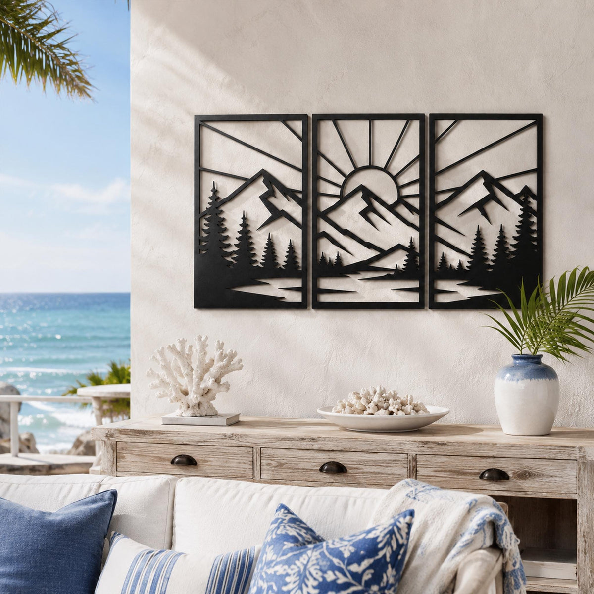 Geometric Mountain Landscape Metal Wall Art, Three Panel Sun Decor