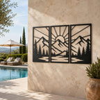 Geometric Mountain Landscape Metal Wall Art, Three Panel Sun Decor