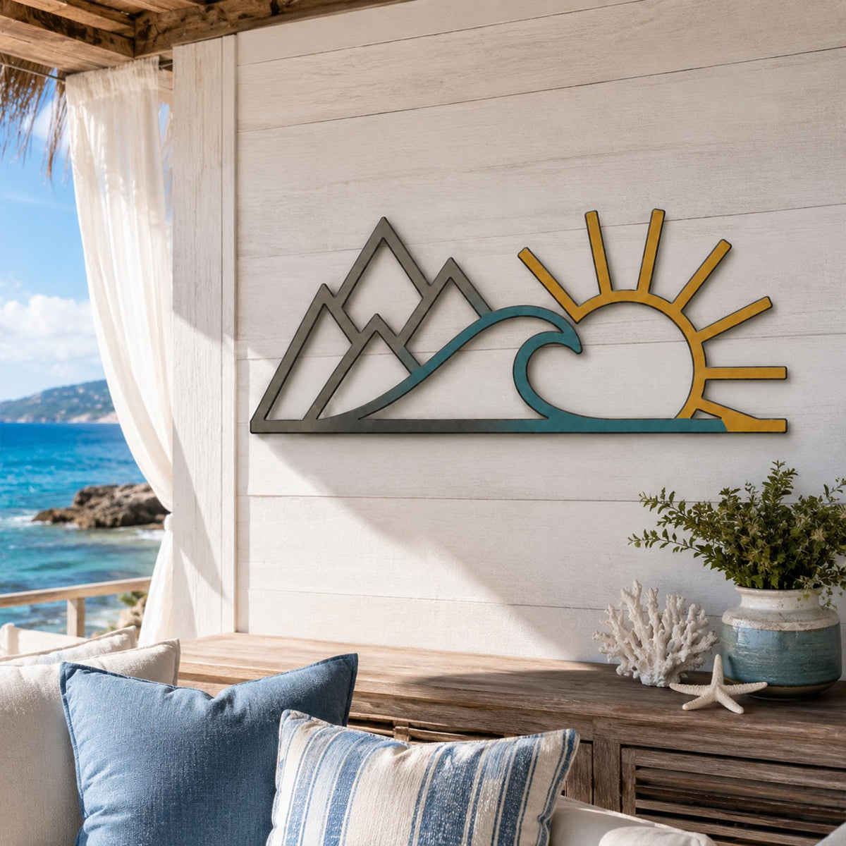 Metal Wall Art, Mountain Wave Sun Landscape Decor, Boho Abstract Nature Sign
