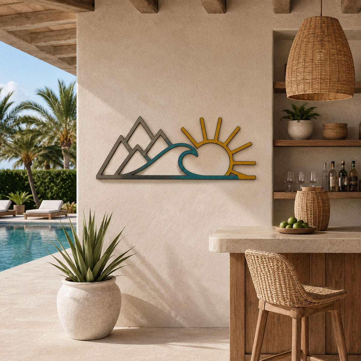 Metal Wall Art, Mountain Wave Sun Landscape Decor, Boho Abstract Nature Sign